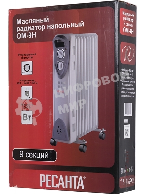Обогреватель масляный Ресанта ОМ- 9Н (9 секций), белый, 2000 Вт, 20 м2, термостат 67/3/8