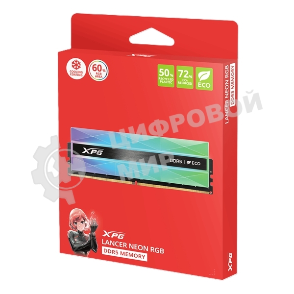 Оперативная память XPG Lancer NEON RGB, DDR5, 32GB (2x16GB), 8000MHz, CL38, DIMM, с радиаторами, RGB, серебристый