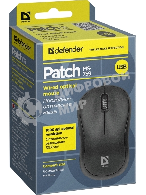 Мышь проводная Defender Patch MS-759 черный, 1000 dpi, USB, кнопки - 3