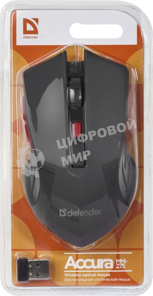 Мышь беспроводная Defender Accura MM-275 красный, 1600 dpi, радиоканал, USB, кнопки - 6