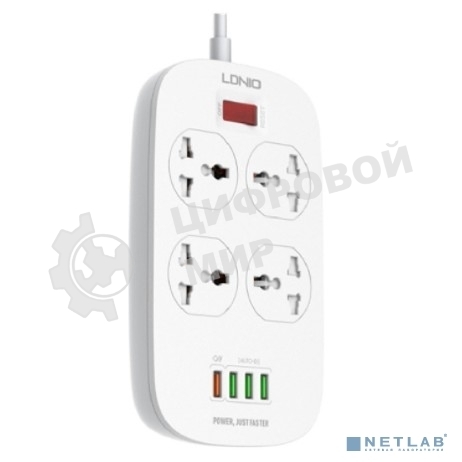 Сетевой фильтр Perfeo LD_B4435 LDNIO SC4407Q/ Сетевой фильтр 2 м / 4 розетки EU_UK_US/ 2500W/ 4 USB+QC 3.0/ Выкл. на розетки/ белый