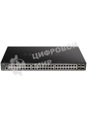 Коммутатор D-Link DGS-1250-52XMP/A1A, L2 Smart Switch with 48 10/100/1000Base-T ports and 4 10Gbase-X SFP+ ports (48 PoE ports 802.3af/802.3at (30 W), PoE Budget 370W).16K Mac address, 802.3x Flow Control, 4K