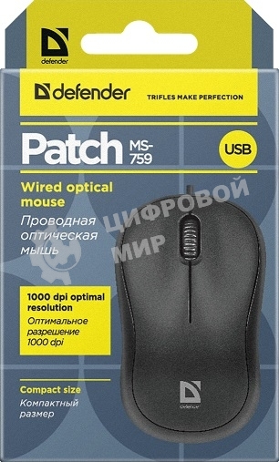 Мышь проводная Defender Patch MS-759 черный, 1000 dpi, USB, кнопки - 3