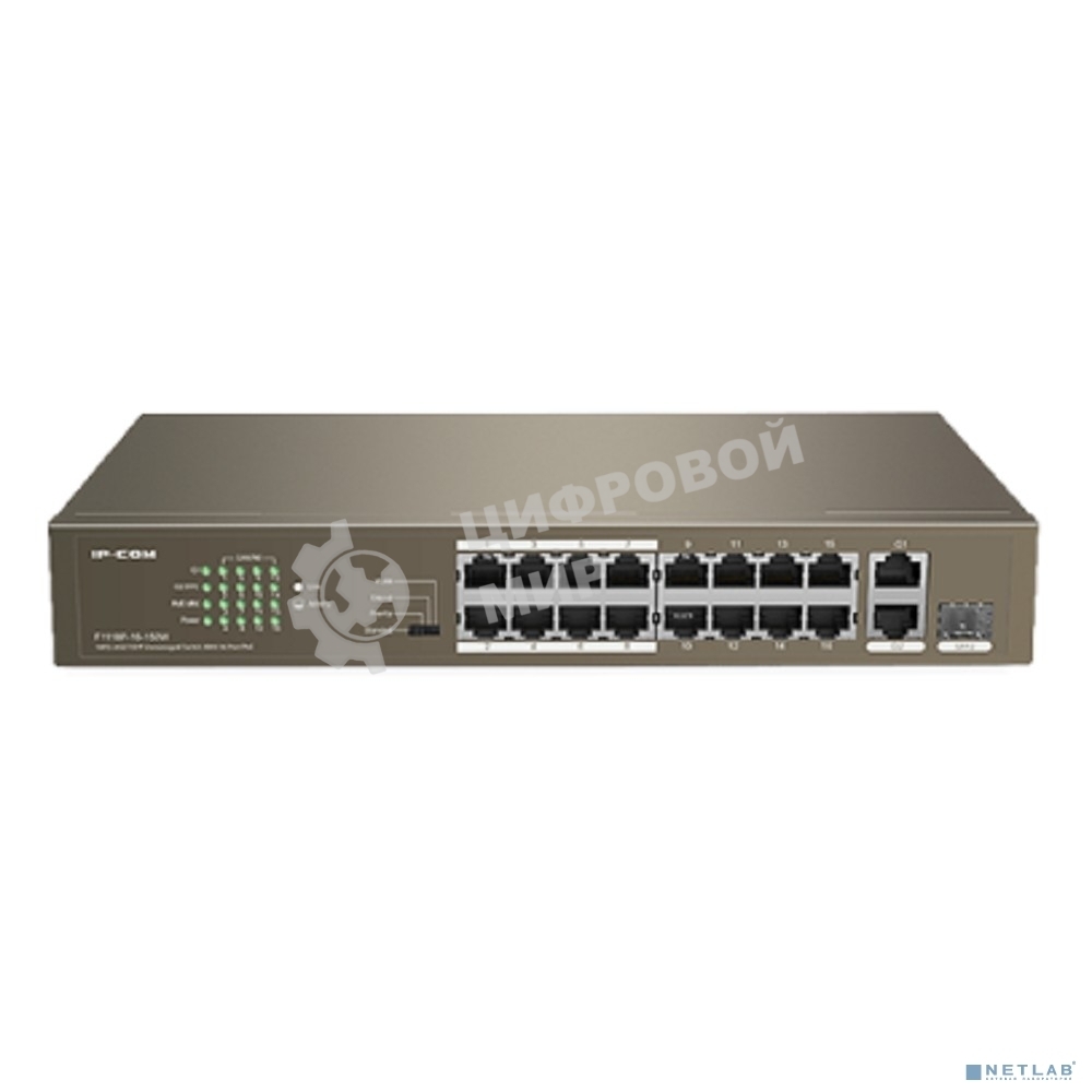 Коммутатор неуправляемый IP-COM F1118P-16-150W PoE, 18 портов, 18х100 Мбит/с, 2x1 Гбит/с, PoE 16х30 Вт (до 130Вт)
