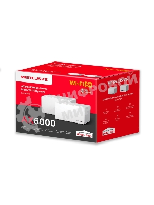 Домашняя Mesh Wi‑Fi система AX6000 Whole Home Mesh Wi-Fi 6 SystemSPEED: 1148 Mbps at 2.4 GHz + 4804 Mbps at 5 GHzSPEC: Internal Antennas, 1× 2.5 Gbps Port (WAN/LAN auto-sensing), 2× Gigabit Ports (WAN/LAN auto-sensing), 1024-QAM, OFDMA, HE160FEATURE: MERCUSYS APP, Router/AP