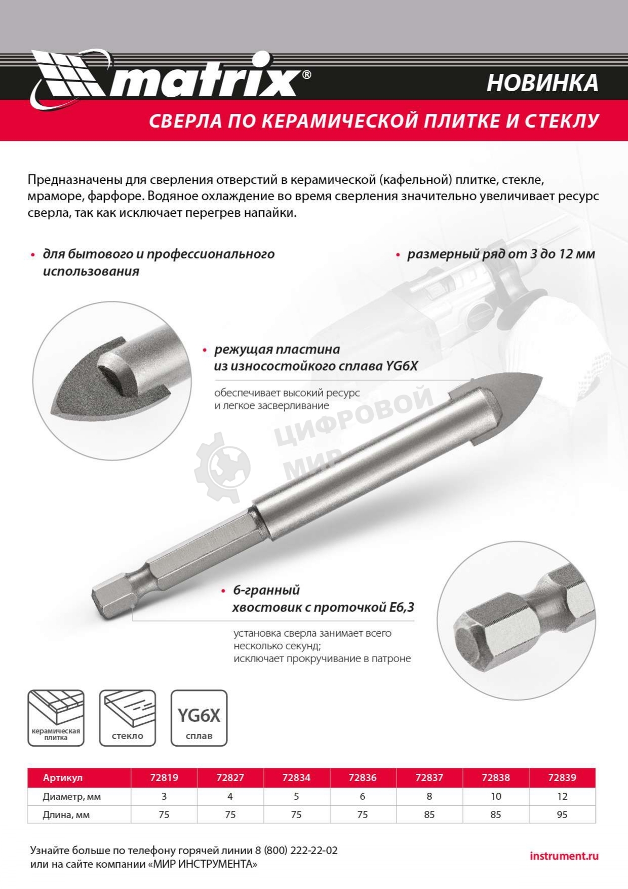Сверло по керамической плитке и стеклу Matrix, 8 мм, 6-гр хвостовик