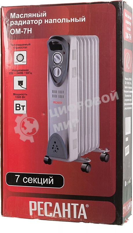 Обогреватель масляный Ресанта ОМ- 7Н (7 секций), белый, 1500 Вт, 15 м2, термостат 67/3/7