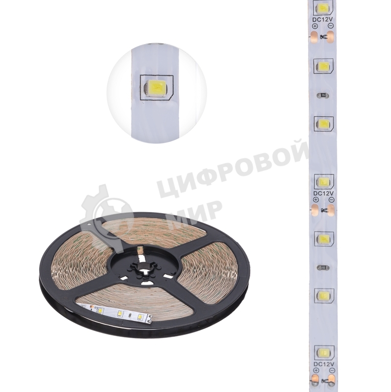 Лента светодиодная 12В, SMD2835, 4,8Вт/м, 60 LED/м, 6500К, 8мм, 20м, для БП с клеммами, IP20 LAMPER