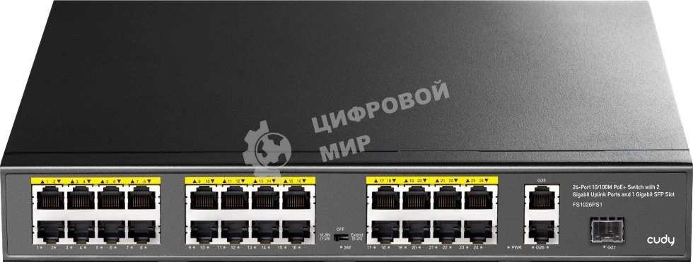 Коммутатор Cudy FS1026PS1, (L2) 24x100 Мбит/с 2x1 Гбит/с, 1SFP, 24PoE, 24PoE+ 300W, неуправляемый
