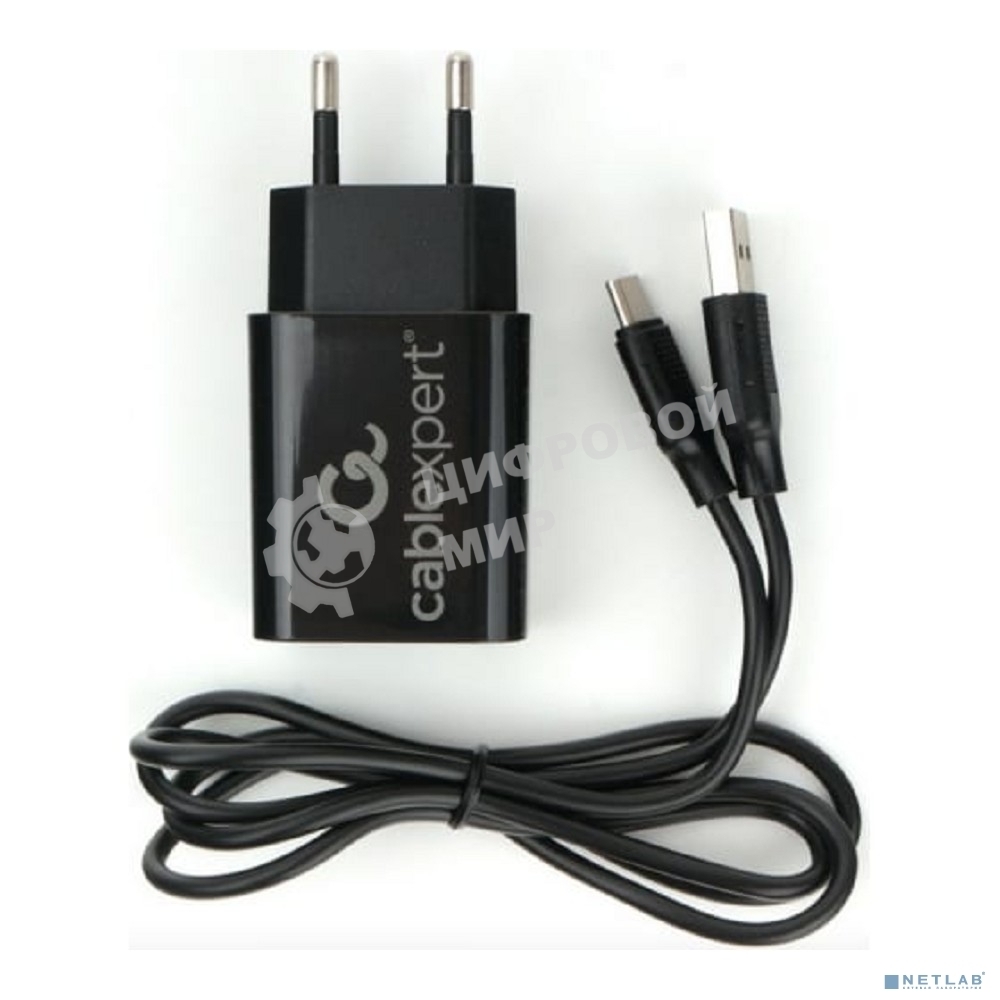 Сетевое зарядное устройство Cablexpert MP3A-PC-37 USB 2 порта, 2.4A, черный + кабель 1м Type-C