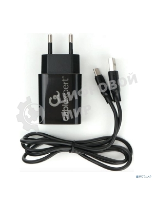 Сетевое зарядное устройство Cablexpert MP3A-PC-37 USB 2 порта, 2.4A, черный + кабель 1м Type-C