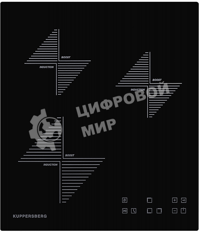 Индукционная варочная панель Kuppersberg ICO 402/ширина 45 см, 2 зоны 1,3 кВт(BOOSTER 1,5 кВт), 1 зона 2 кВт(BOOSTER 2,2 кВт),электронное сенсорное управление, 4 цифровых дисплев, 9 уровней мощности,автоматическое отключение,