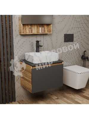 Комплект: тумба Bau Dream Blackwood графит 60, 1 ящик, раковина прямоугольная BAU Cerama 48х37, мрамор, смеситель Hotel Black, черный матовый