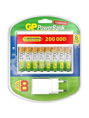 Аккумулятор + зарядное устройство GP PowerBank 270AAHC/CPBXL-2CR8 AA NiMH 2700mAh (8шт) блистер