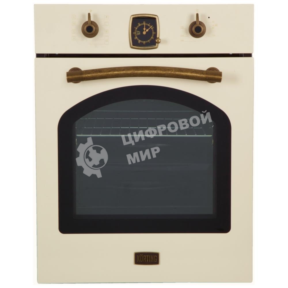 Встраиваемая электрическая духовка Korting OKB 4941 CRB, ширина 45 см, аналоговые часы в классическом стиле Frank Muller, таймера с функцией отключения, 9 режимов нагрева, объем духовки 45 л, телескопические направляющие на одном уровне, двухслойное остекление, каталитическая самоочистка, автоматическое отключение, в комплекте: 2 противня, хромированная решетка, цвет - слоновая кость; цвет ручек - бронза