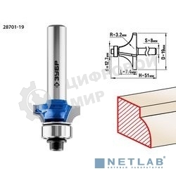 Фреза кромочная калевочная Зубр №1, D= 19мм, рабочая длина-7,4мм, радиус-3,2мм, хв.-8мм, d-12,7мм, Зубр Профессионал 28701-19