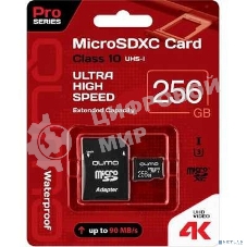 Флеш карта QUMO MicroSDXC 256 Gb 90/70 МБ/с UHS-I U3, Pro seria 3.0, адаптер в комплекте SD, красная картонная упаковка (QM256GMICSDXC10U3)