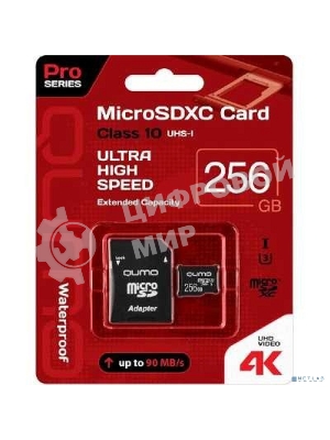 Флеш карта QUMO MicroSDXC 256 Gb 90/70 МБ/с UHS-I U3, Pro seria 3.0, адаптер в комплекте SD, красная картонная упаковка (QM256GMICSDXC10U3)