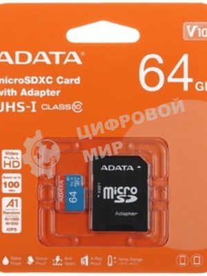 Флеш карта microSD A-DATA 64Gb microSDXC Class 10 UHS-I U3 V30 A2 160/140 MB/s (SD адаптер)