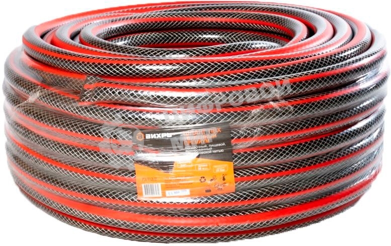 Шланг поливочный ПВХ усиленный премиум пищевой трехслойн. армир. 3/4 50м черный/красный Вихрь 73/7/2/8