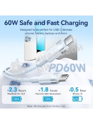 Кабель Vention USB 2.0 CM/CM - 1м. черный 3А PD60W