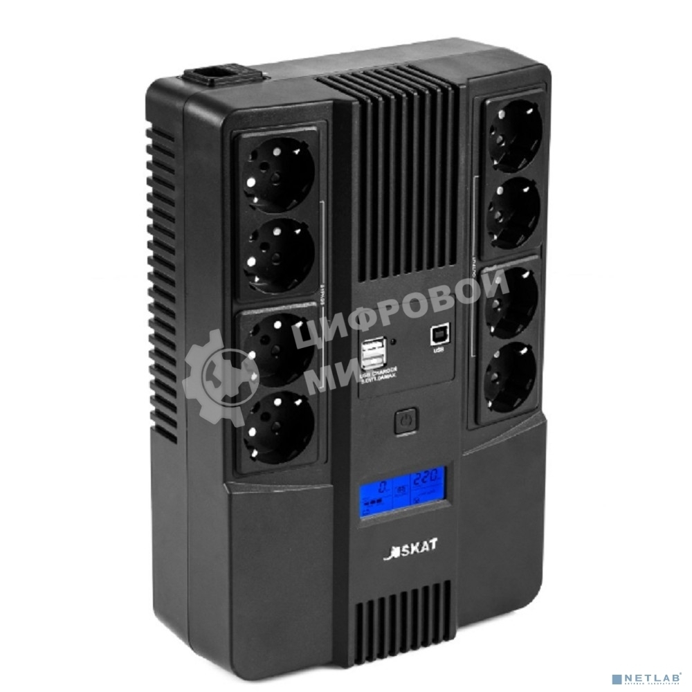 Источник бесперебойного питания Бастион SKAT-UPS 800-AID-IN-1x9-8 ИБП 220В 480Вт, LCD, АКБ 1x 9А·ч, line interactive, мод.синус, 8хSchuko,2xUS (8933)