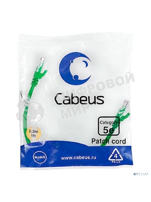 Шнур коммутационный Cabeus, Cat.5e, неэкр., U/UTP, RJ45/RJ45, PVC, AWG24, 0.3м, зеленый