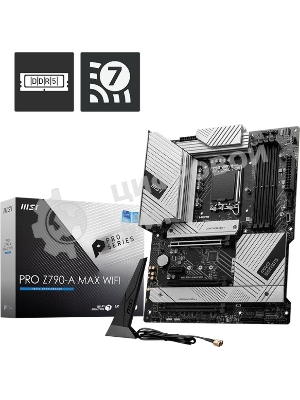 Материнская плата MSI PRO Z790-A MAX WIFI, LGA 1700, Intel Z790, 4xDDR5, 6xSATA, 4xM.2, 1xPCI-E 5.0 x16, 1xPCI-E 4.0 x16, 1xPCI-E 3.0 x16, 1xPCI-E x1, 1xHDMI, 1xDP, 1x2.5Gb LAN, 2xUSB-A 2.0, 2xUSB-A 3.2 Gen 1, 3xUSB-A 3.2 Gen 2, 1xUSB-C 3.2 Gen 2x2, 5x3.5мм, TOSLINK, 7.1, ATX