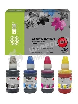 Чернила Cactus CS-GI490BK/M/C/Y голубой/пурпурный/желтый/черный набор 4x100мл для Canon Pixma G1400/G2400/G3400