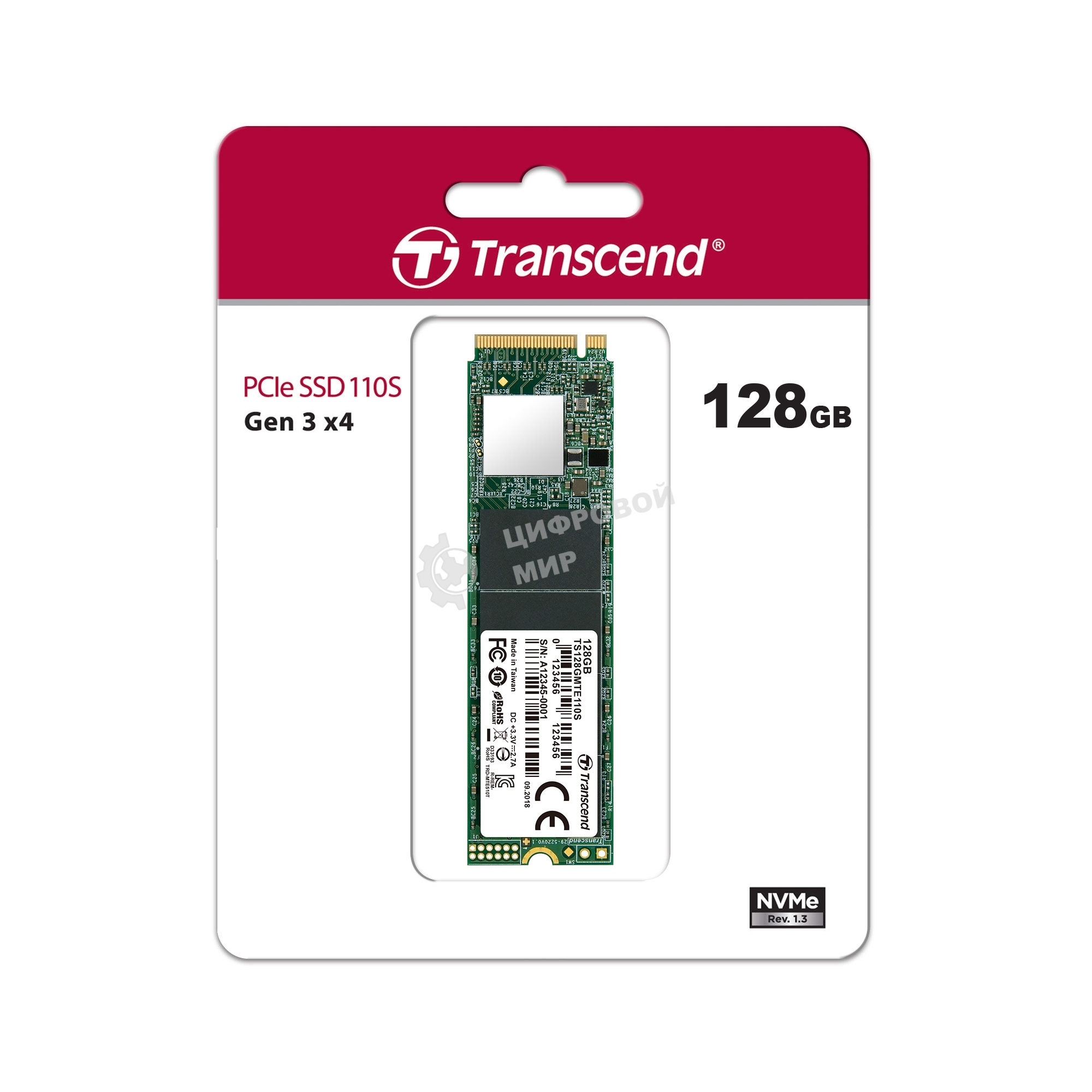 Накопитель SSD Transcend MTE110S, 128Gb, M.2 2280, PCIe 3.0 x4, NVMe, R/W 1600/400