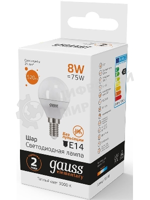 Лампа светодиодная LED Gauss 8Вт E14 220В 2700К Elementary шар 53118