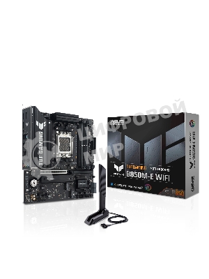 Материнская плата ASUS TUF GAMING B850M-E WIFI, AM5, AMD B850, 4xDDR5, 4xSATA, 3xM.2, 1xPCIe 5.0 x16, 1xPCIe 4.0 x16, 1xPCIe 3.0 x1, 1xHDMI (v2.1), 2xDP (v1.4), 1x2.5Gb LAN, Wi-Fi 6E, Bluetooth 5.3, 1xUSB-C 10Gbps, 2xUSB-A 10Gbps, 2xUSB-A 5Gbps, 4xUSB-A 2.0, 1xPS/2, 3x3.5 мм, 7.1, mATX
