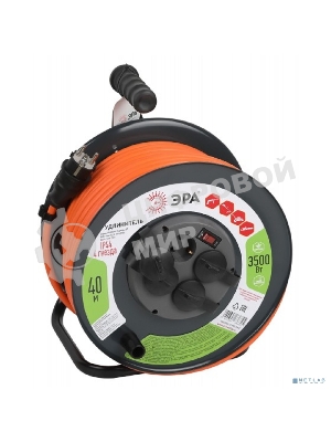 Удлинитель силовой ЭРА RMx-4es-3x2.5-40m-IP44 на металлической катушке с заземлением с выключателем 4 розетки 40 м ПВС