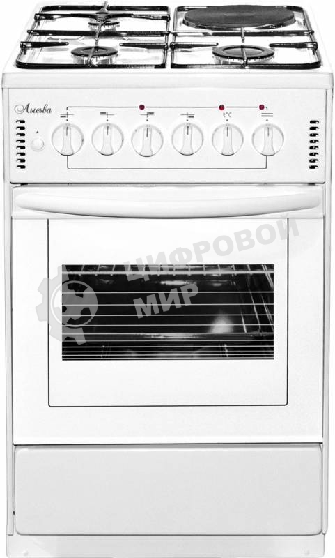 Плита комбинированная Лысьва ЭГ 1/3г01-2у белый, конфорок 4 шт (3 газовых + 1 электрическая), духовка 57 л, 50 см x 84 см x 60 см