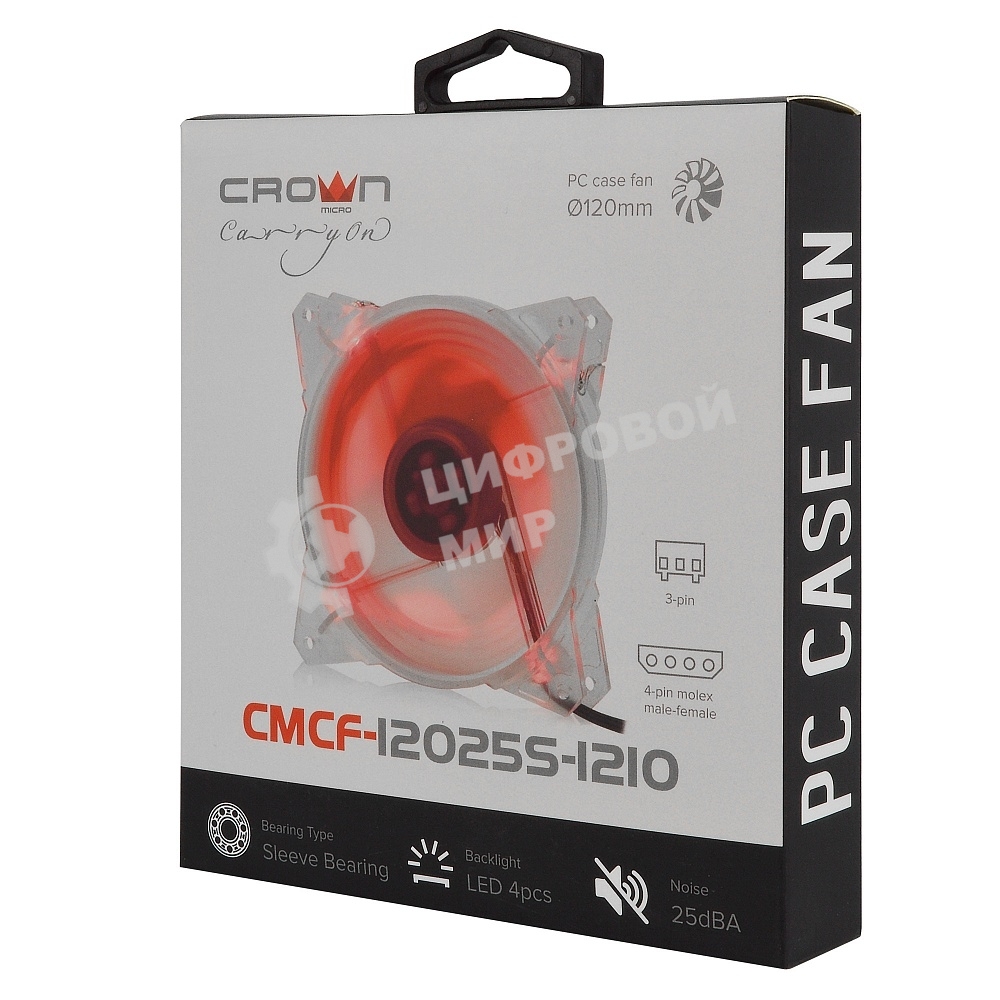 Вентилятор для корпуса Crown CMCF-12025S-1210 прозрачный/красный, 120 мм, 1650 об/мин, 28 дБ, 3 pin