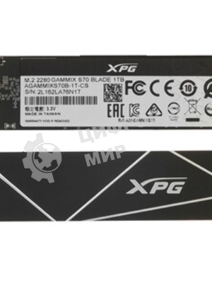 Накопитель SSD ADATA XPG BLADE S70, 1Tb, PCIe 4.0 x4, M.2 2280, NVMe, R/W 7400/5500, с радиатором