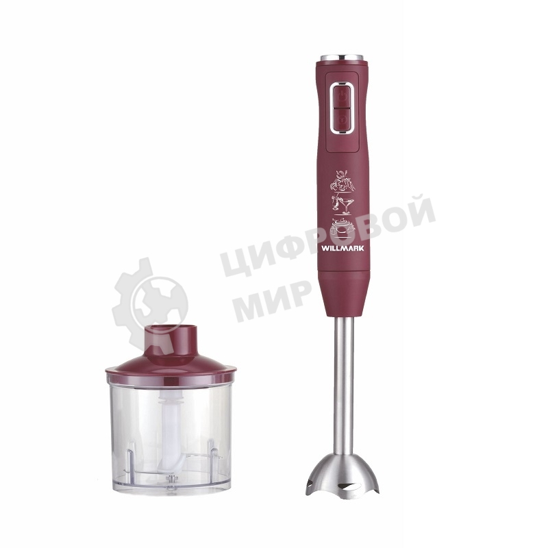 Блендер погружной Willmark WHB-1250PS (500Вт,рег.скор,турбо режим,Soft touch, измельчитель,бордовый)