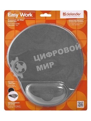 Коврик для мыши Defender гелевый Easy Work (серая лайкра) нескользящ.основа,260х225х5мм