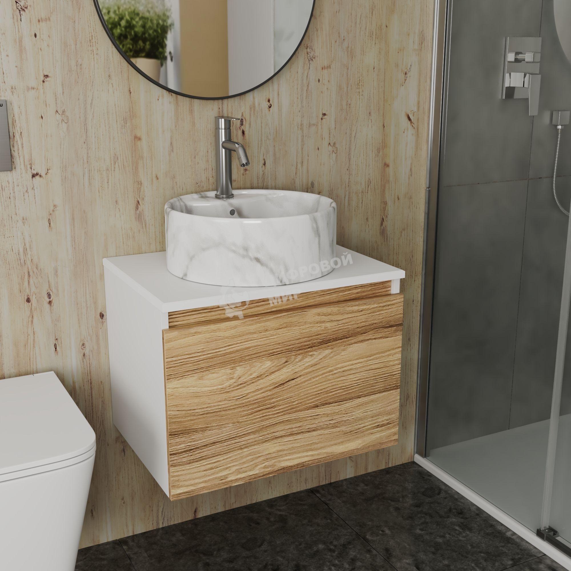 Комплект: тумба Bau Dream Blackwood 60, 1 ящик, Раковина круглая накладная BAU Element D41, мрамор, смеситель Hotel Dream, нерж сталь