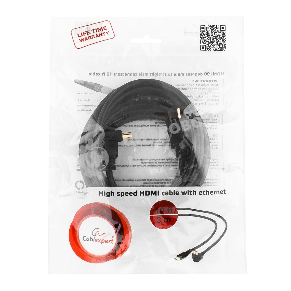Кабель Cablexpert HDMI CC-HDMI490-10, 19M/19M, v2.0, медь, позол.разъемы, экран, угловой, 3м, черный, пакет