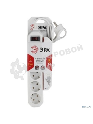 Сетевой фильтр ЭРА USF-5es-5m-W (белый) с заземл, 3x0,75 мм2, с выкл, 5 гн, 5 м защита от короткого замыкания, от перегрузки, от импульсных помех