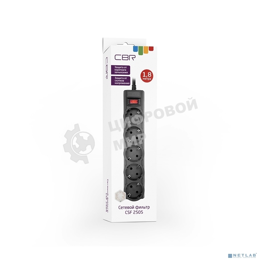 Сетевой фильтр CBR CSF 2505-1.8 Black CB, 5 евророзеток, длина кабеля 1,8 метра, цвет черный, коробка