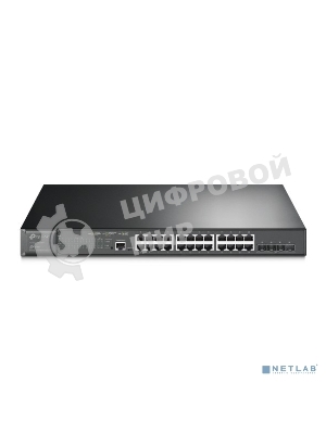 Коммутатор TP-Link 24-port Gigabit Managed PoE switch with 4 10G SFP+ ports, support 802.3af/at PoE, 1 console port, 19-inch rack mount, support L2/L2+ features.