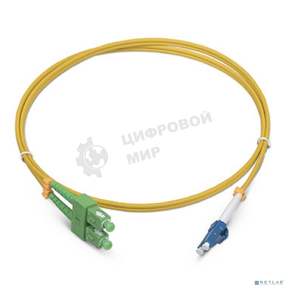 Коммутационный шнур оптический Cabeus Tight Buffer, Duplex SC/LC (APC/UPC), OS2 9/125, LSZH, 1,5м, d= 2мм, синий хвостовик, желтый