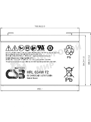 Аккумулятор 6V 9Ah CSB HRL634W (HRL634WF2FR) клеммы F2, огнеупорные