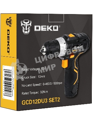Дрель-шуруповерт Deko GCD12DU3 SET 2, 12 В, 1.5 Ач, 32 Нм, щеточный