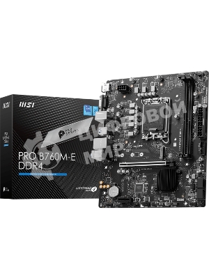 Материнская плата MSI PRO B760M-E DDR4, LGA 1700, Intel B760, 2xDDR4, 4xSATA, 1xM.2, 1xPCIe 4.0 x16, 1xPCIe 4.0 x1, 1xHDMI, 1xVGA, 1x1Gb LAN, 2xUSB-A 3.2 Gen 1, 4xUSB-A 2.0, 3x3.5 мм, 7.1, mATX