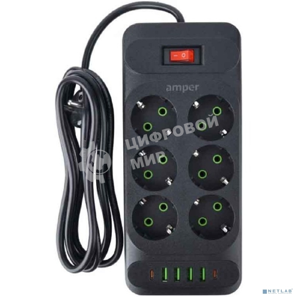 Сетевой удлинитель Amper 4,0 м, 6 розеток, 10А, 2500 Вт, 4 usb,2Type-C, черный.