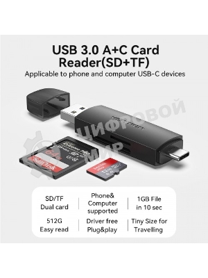 Кард-ридер Vention CLKB0/черный/SD,SDHC,SDXC,TF,micro-SD,micro-SDXC,miсro-SDHC/USB 3.0/Type C/OTG/пластик