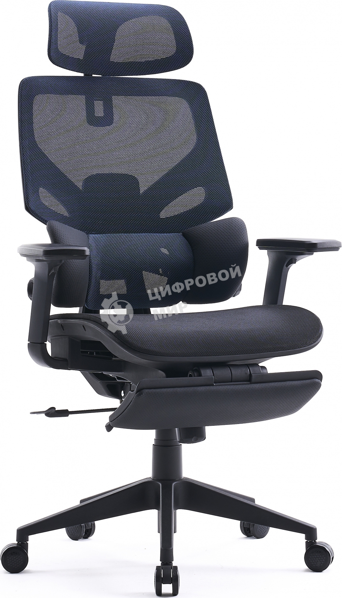 Кресло офисное Cactus CS-CHR-MC01-BLBK синий, сиденье черный, сетка/ткань, с подголов. крестов. пластик, подст. для ног